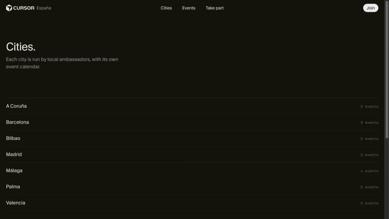 Cursor Spain website city index listing local communities and their event counts