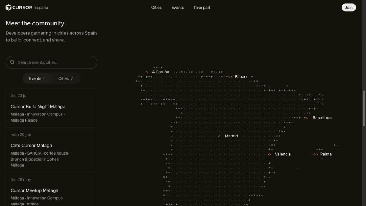 Cursor Spain website community directory with event search and an ASCII map of Spain