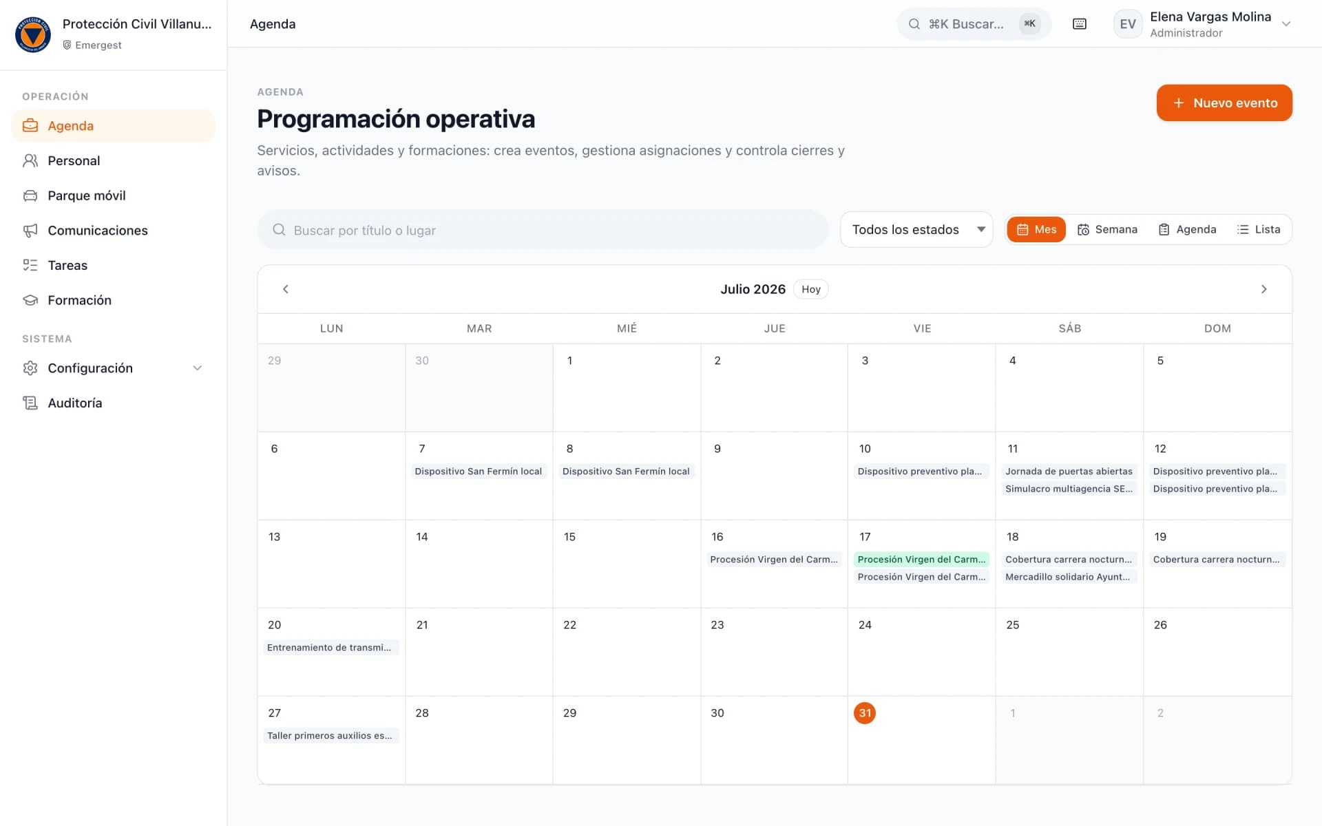 Service planning calendar in Emergest