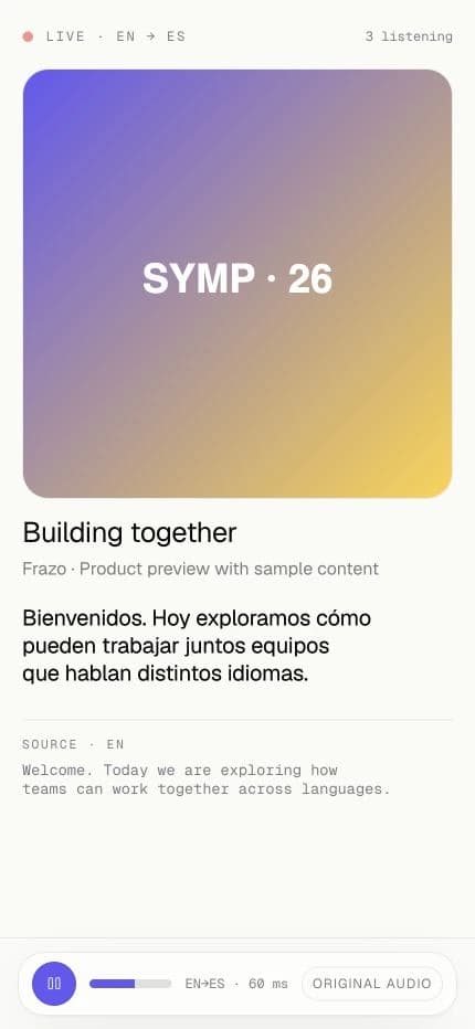Frazo listener interface with translated captions, source text, and audio controls