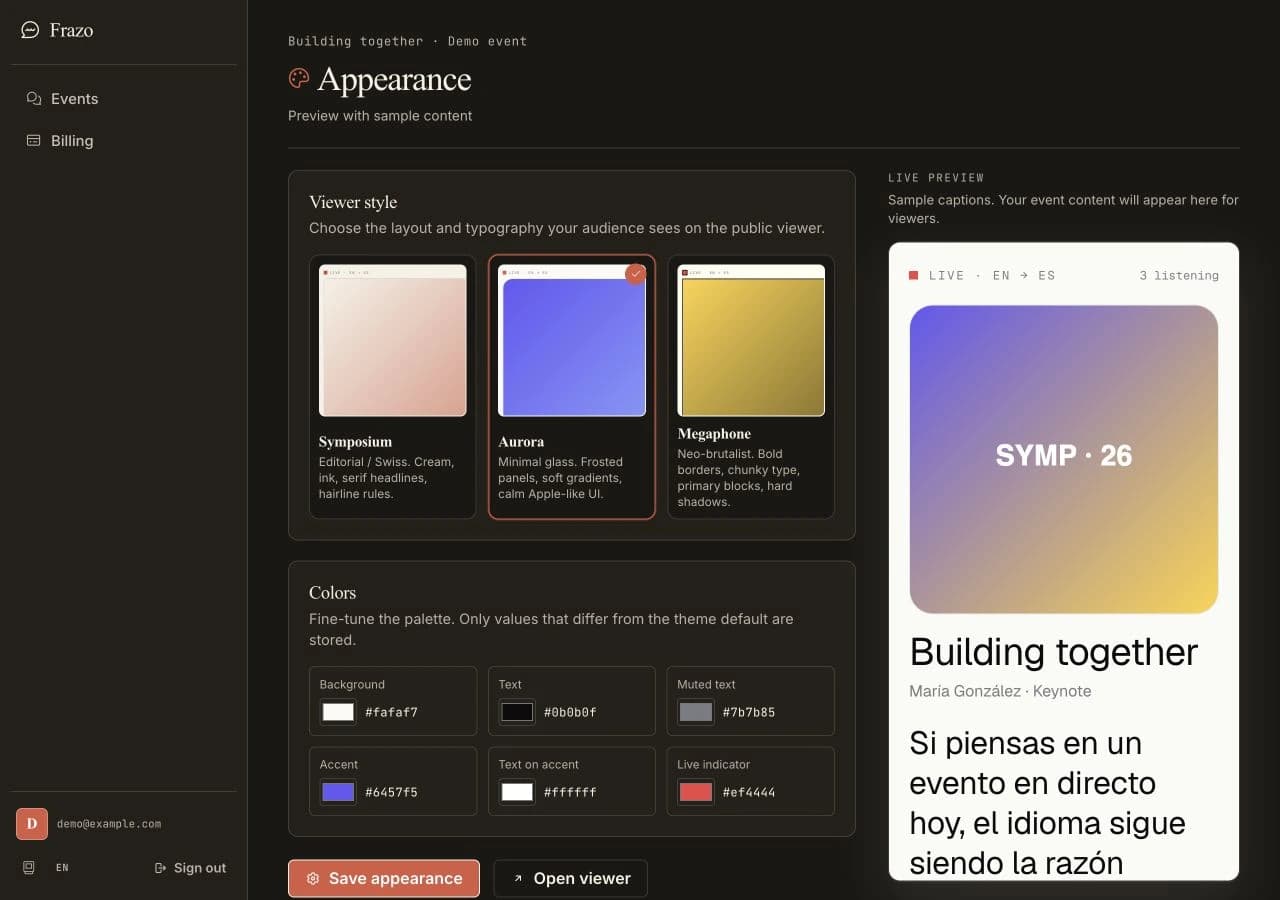 Frazo desktop editor with viewer themes, color controls, and a live preview